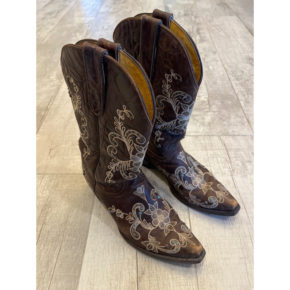 Cavenders Womens Brown Leather Floral Embroidered Western Cowboy‎ Boots 10 B
